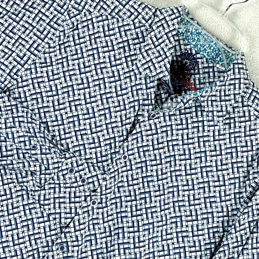 Robert Graham Shirt Mens L White Blue Geometric AOP Going Out Clubwear Y2K
